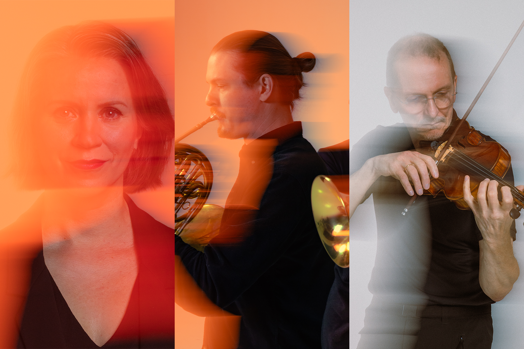 Tapiola Sinfoniettan taiteellinen johtoryhmä: intendentti Maati Rehor, huilisti Hanna Juutilainen ja konserttimestari Janne Nisonen