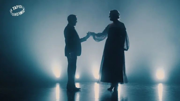 Otetta ottava tanssipari näkyy siluetteina valoa vasten.