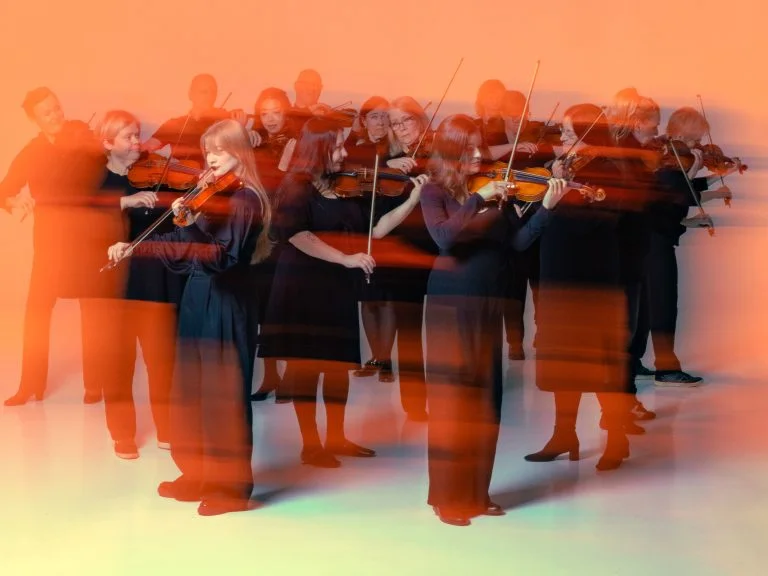 Noin 15 viulistia soittaa rykelmänä viulujaan.